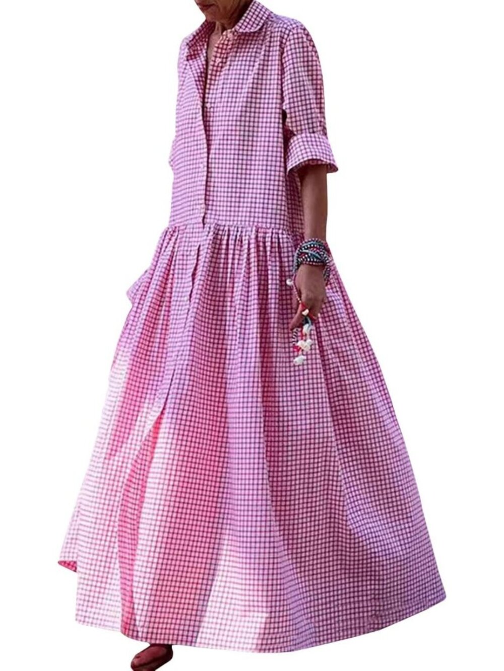 Retro Plaid Button Down Long Sleeve Maxi Dress | Gingham Swing Pleated Style